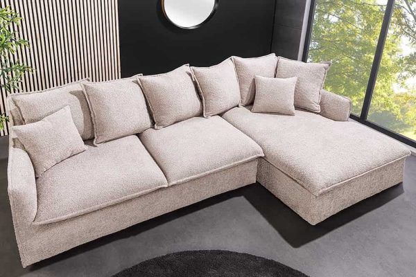 Grote hoekbank HEAVEN 255 cm champagnebeige Boucle bank met veerkern - 44187